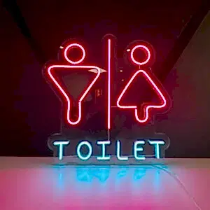 yan açıdan çekilmiş bayan erkek figürlü neon toilet wc yönlendirme tabelası