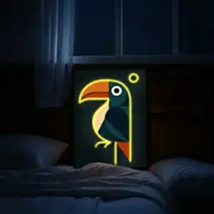 Papağan figürlü neon LED tablo, modern iç mekânlar için renkli ve dekoratif duvar tasarımı