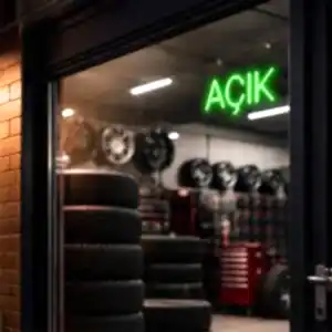 açık yazılı yeşil neon led tabela oto servis vitrininde